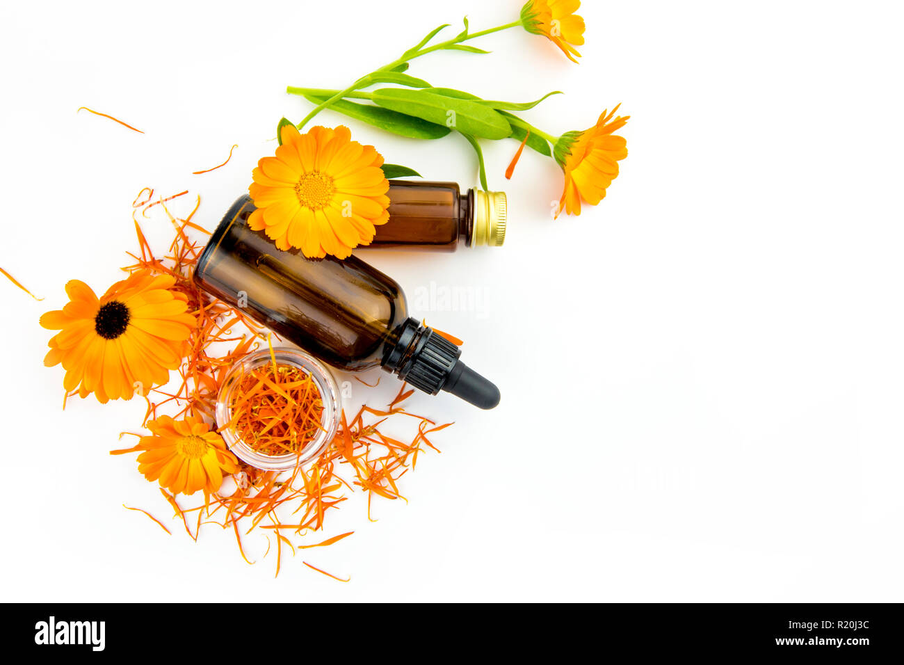Calendula officinalis, le souci officinal, ruddles, marigold commun ou Scotch marigold différents produits de santé sur le plateau en bois, huile essentielle, teinture Banque D'Images
