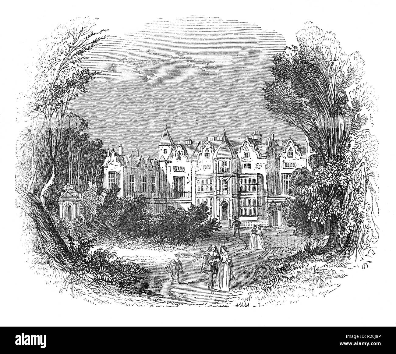 Holland House à l'origine connu comme le château de faire face, a été l'un des premiers pays jacobin maison construite en 1605 par le diplomate Sir Walter faire face comme le manoir de la seigneurie de Kensington, à quelques kilomètres à l'ouest de la ville de Westminster dans la ville de Londres. Situé dans le parc des cerfs connu sous le nom de Holland Park la chambre plus tard adopté par mariage riche, 1er baron de Kensington, 1er comte de Hollande, plus tard à la famille Fox, créé baron Holland en 1763, en vertu de la propriété dont il devient un lieu de rassemblement pour les Whigs au 19e siècle. Il a été en grande partie détruit par la bombe incendiaire allemande pendant le Blitz en 1940 Banque D'Images