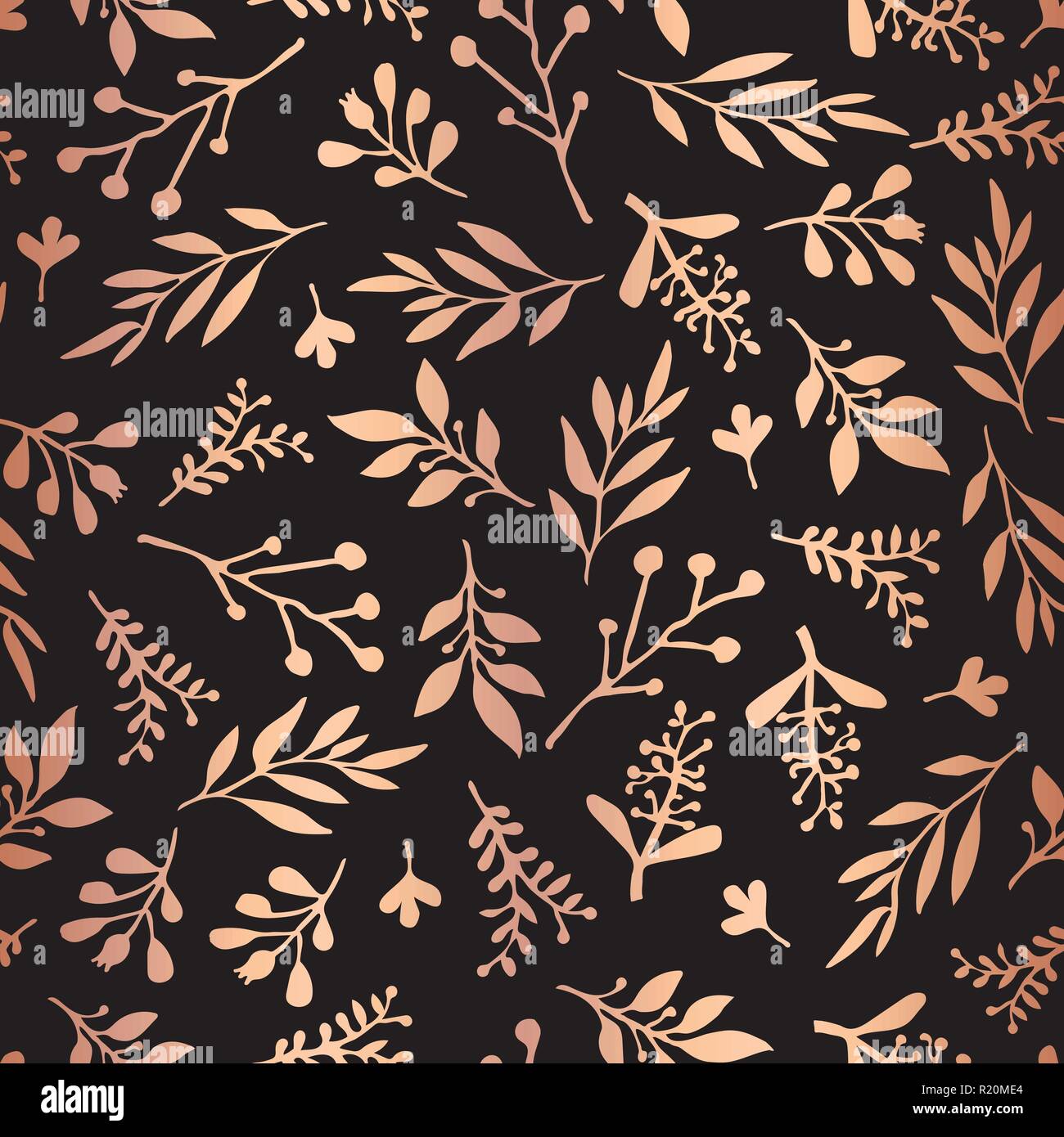 Or rose cuivre aluminium florals sur black pattern Illustration de Vecteur