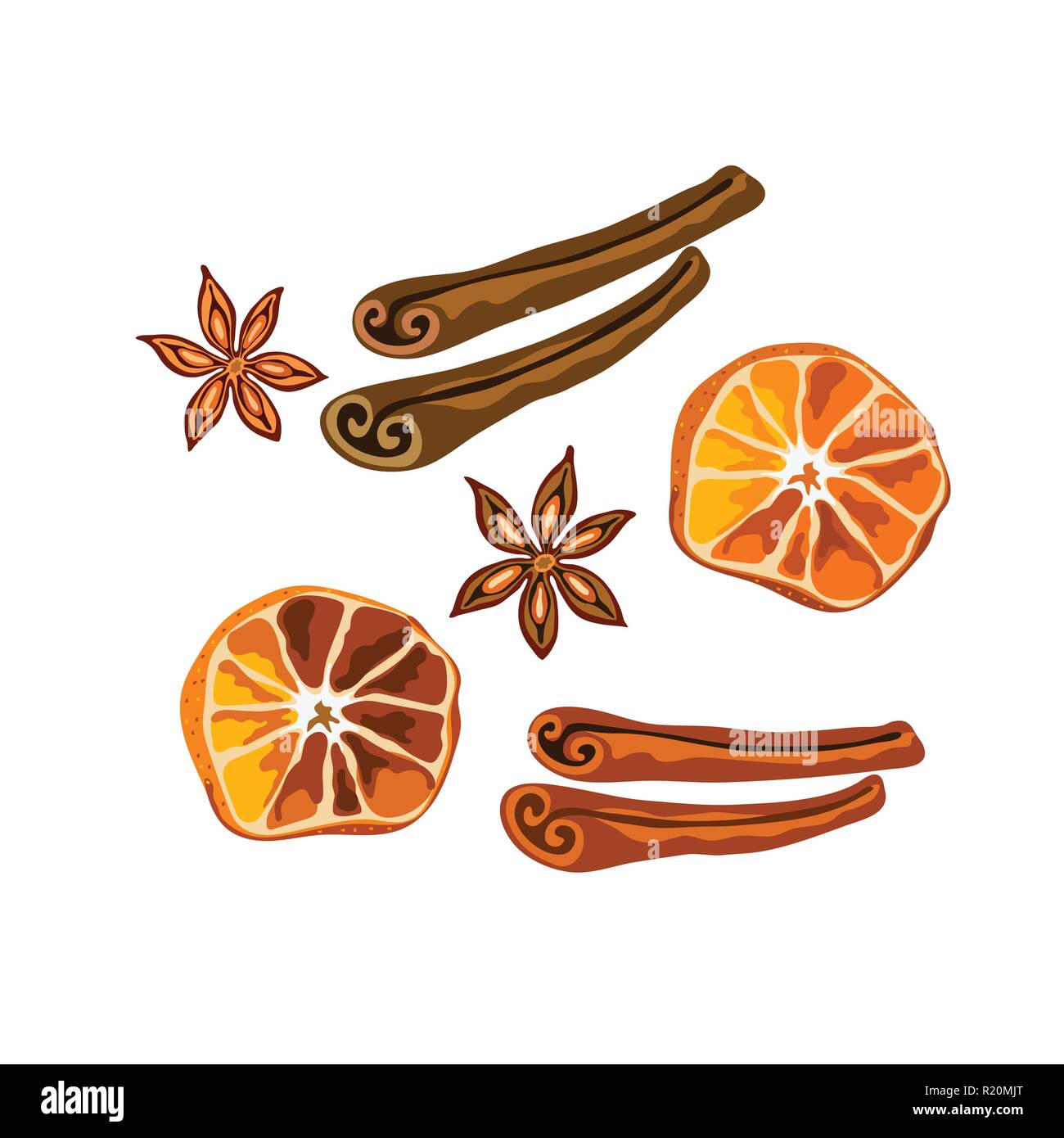 Rondelles d'agrumes séchés, des bâtons de cannelle et anis icons set isolé sur le fond blanc ou d'épices Epices pour vin chaud collection Illustration de Vecteur