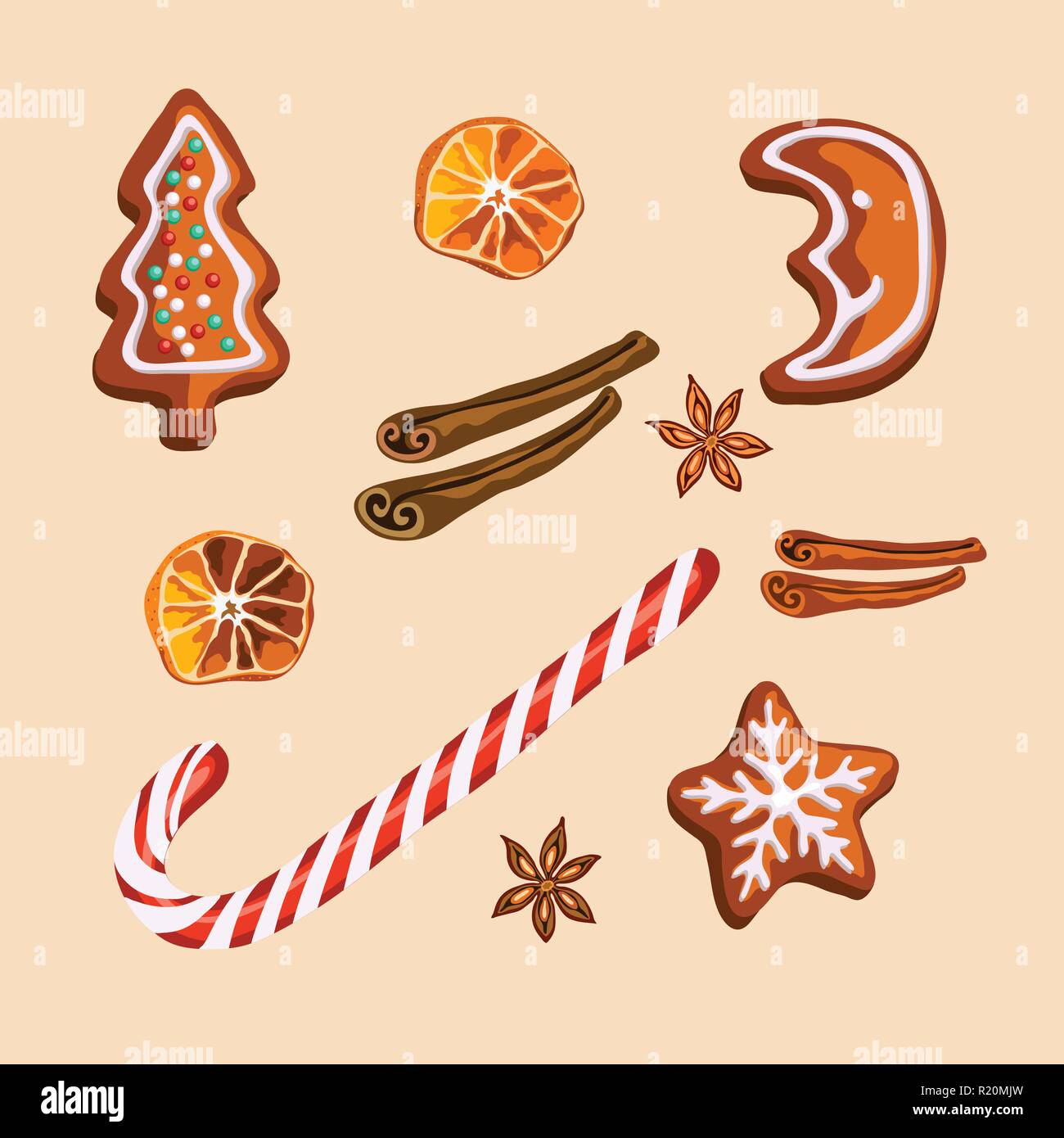 Gingerbread cookies de Noël, des rondelles d'agrumes, des bâtons de cannelle, d'anis et de Candy Cane icons set isolated Illustration de Vecteur