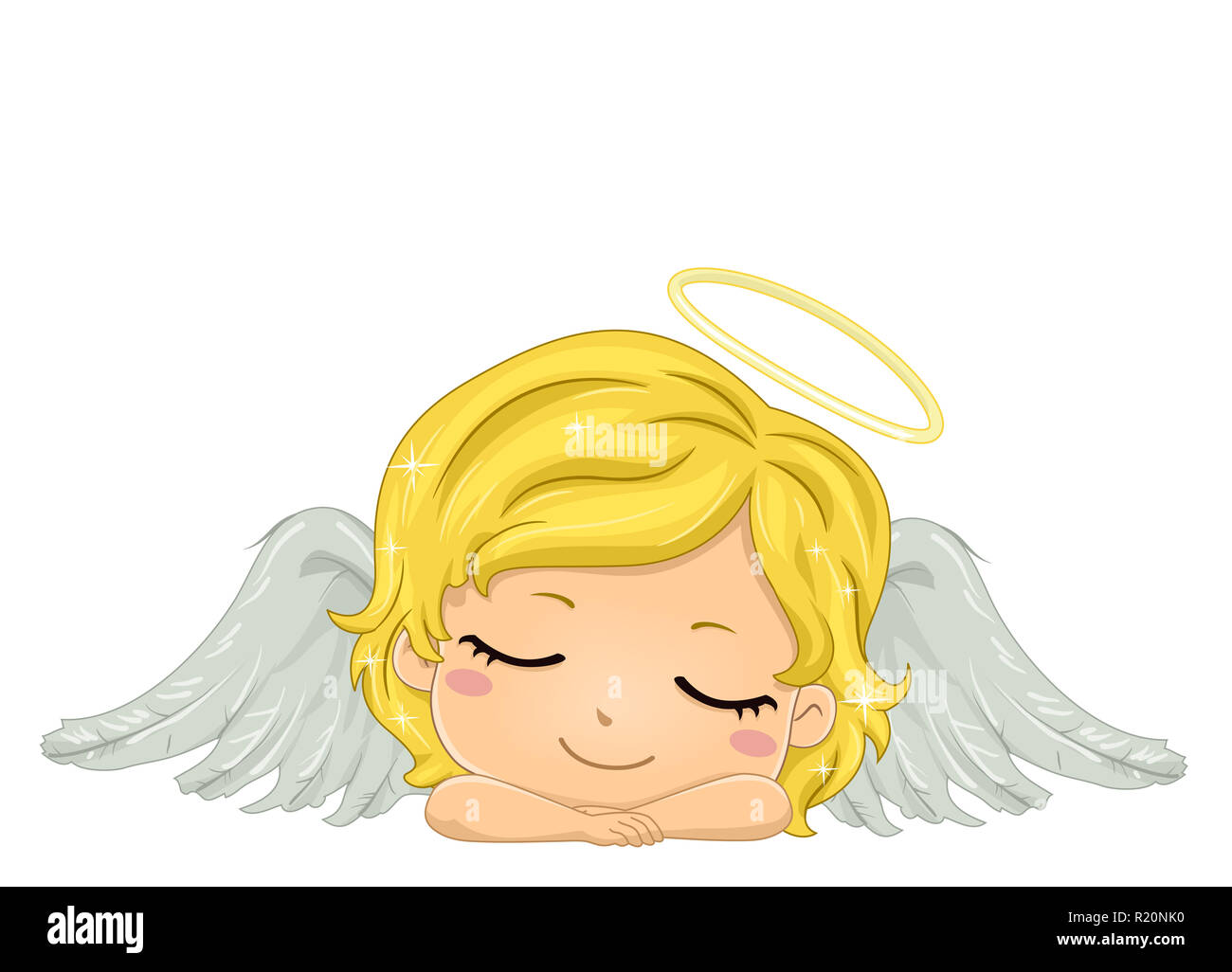 Illustration colorée dispose d''une mignonne petite fille ailé avec un halo Dormir sur sa tête Banque D'Images
