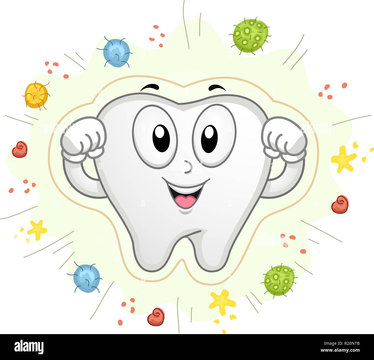 Illustration Mascotte colorée dispose d''une dent blanche nacrée roulant des biceps qu'il combat les bactéries et les caries Banque D'Images