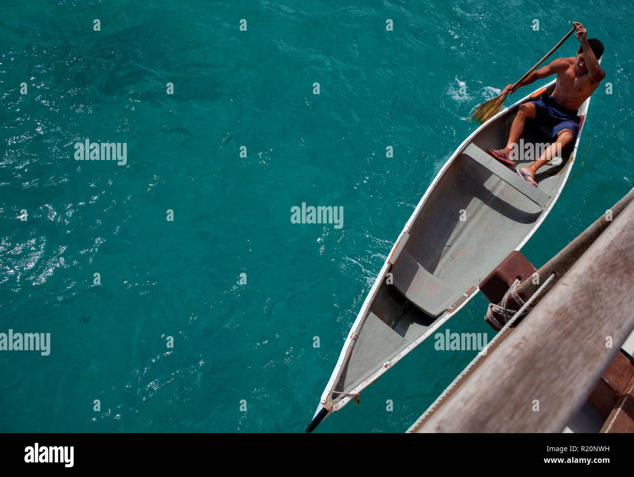 Membre de l'équipage, Malik, à la pagaie Marumaru Atua, une moderne de 22 mètres "vaka" construit dans le style traditionnel polynésien de trans-océanique voyageant des navires. Banque D'Images