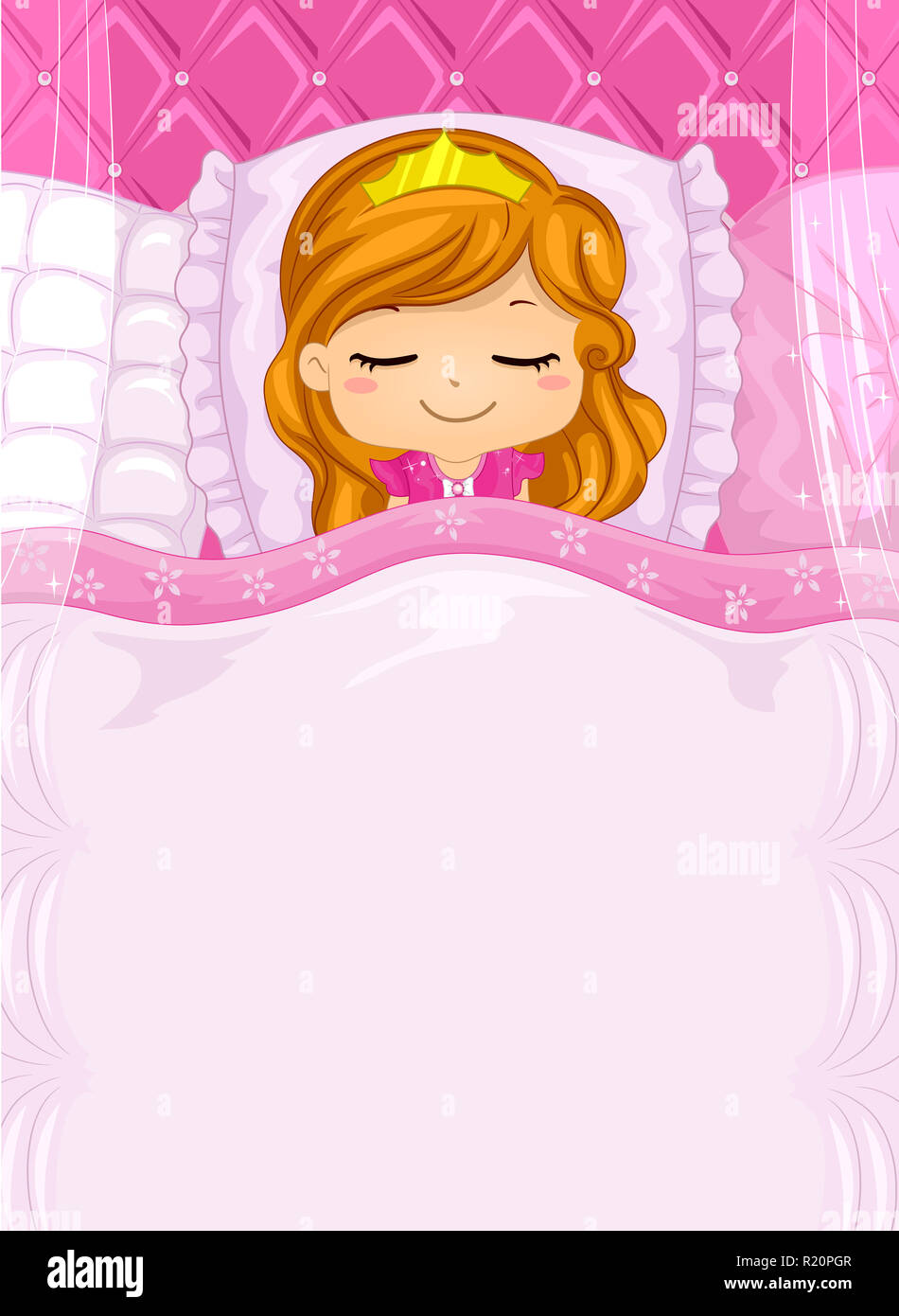 Illustration fond coloré doté d'une jolie petite fille dans un Costume Princesse dormir sur un lit de fantaisie Banque D'Images