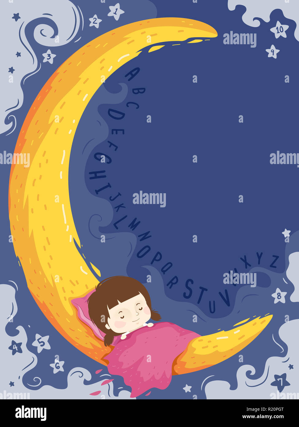 Illustration fond coloré doté d'une mignonne petite fille dormir sur un croissant de lune Banque D'Images
