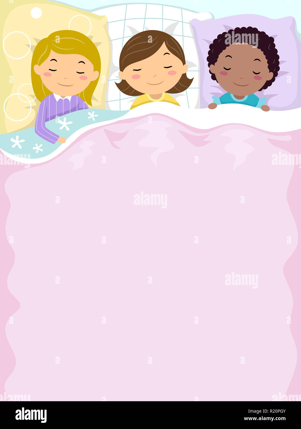 Illustration avec fond coloré mignon petit filles dormir paisiblement côte à côte Banque D'Images