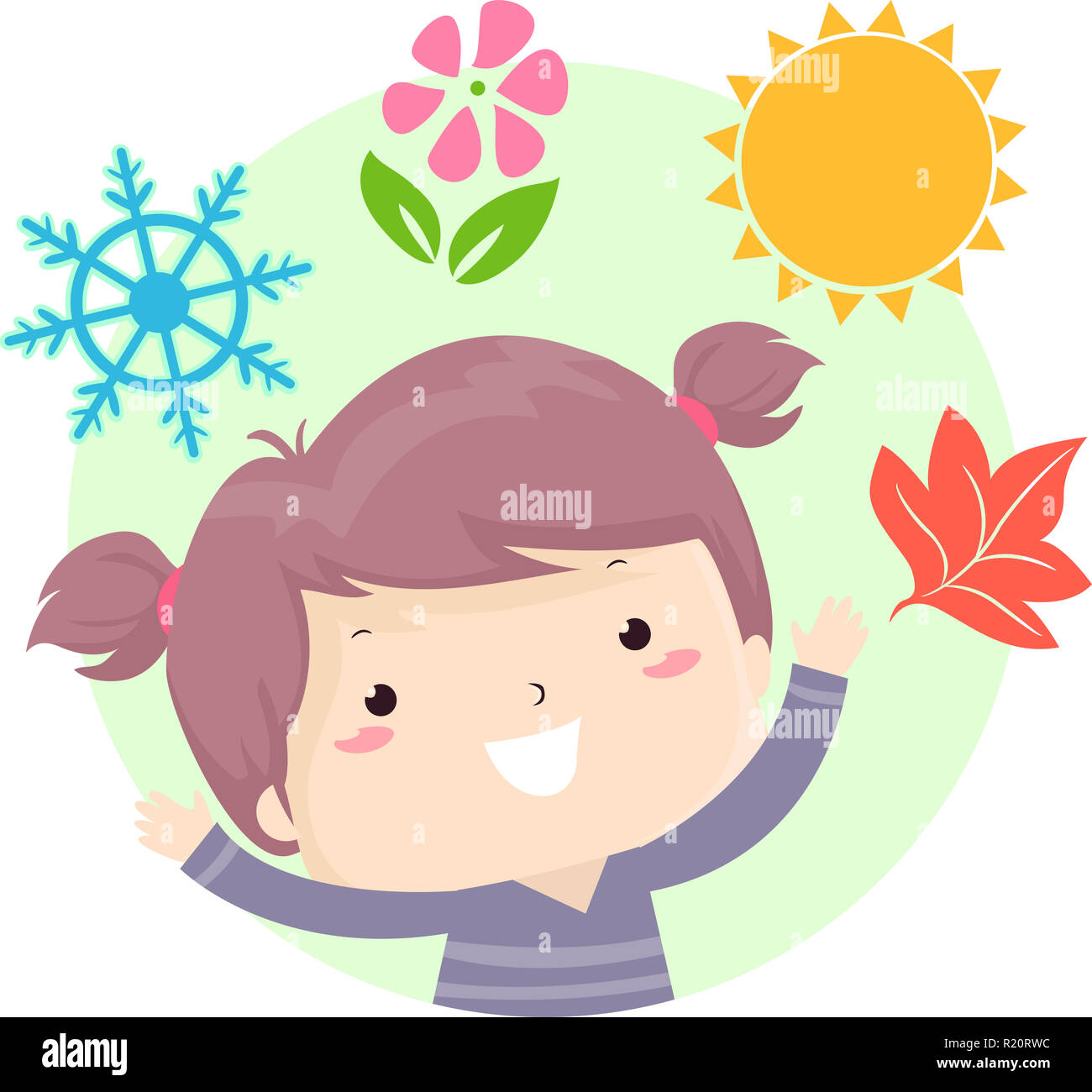 Illustration d'un enfant fille avec un flocon de neige, fleur, soleil et feuille d'érable représentant les quatre saisons de l'hiver, le printemps, l'été à l'automne ou à l'automne Banque D'Images