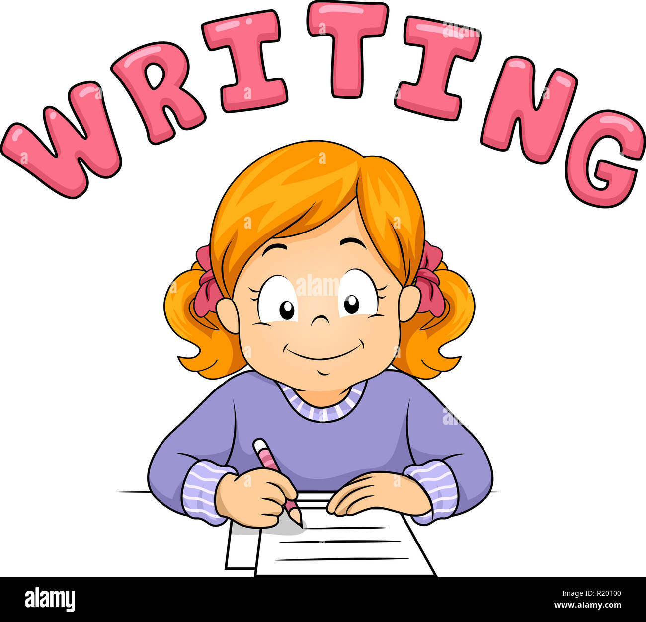 Illustration d'un enfant fille écrit sur un papier avec des lettres d'écriture Banque D'Images