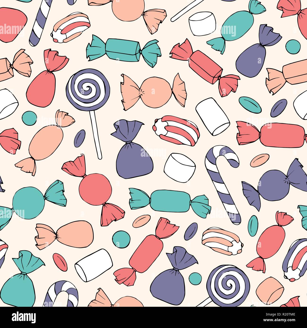 Hand drawn vector bonbons, les cannes et les guimauves seamless pattern sur le fond beige. Maison de vacances coloré décoration. Illustration de Vecteur