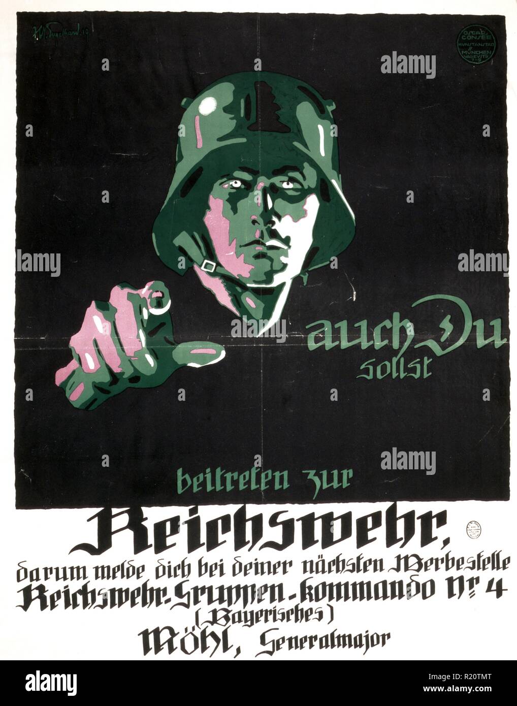 Poster montre soldat allemand pointing at viewer. Texte : Vous aussi, inscrivez-vous dans la Reichswehr. Par conséquent, inscrivez-vous à la prochaine après enrôlement, Reichswehr-Gruppen-Kommando n° (4) bavarois, MA !hl, Major Général. Datée 1919 Banque D'Images
