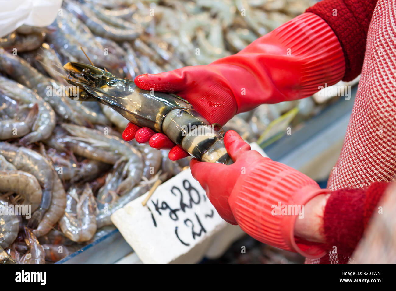 Le vendeur est titulaire d'une crevette géante tigrée au marché aux poissons, Séoul Banque D'Images