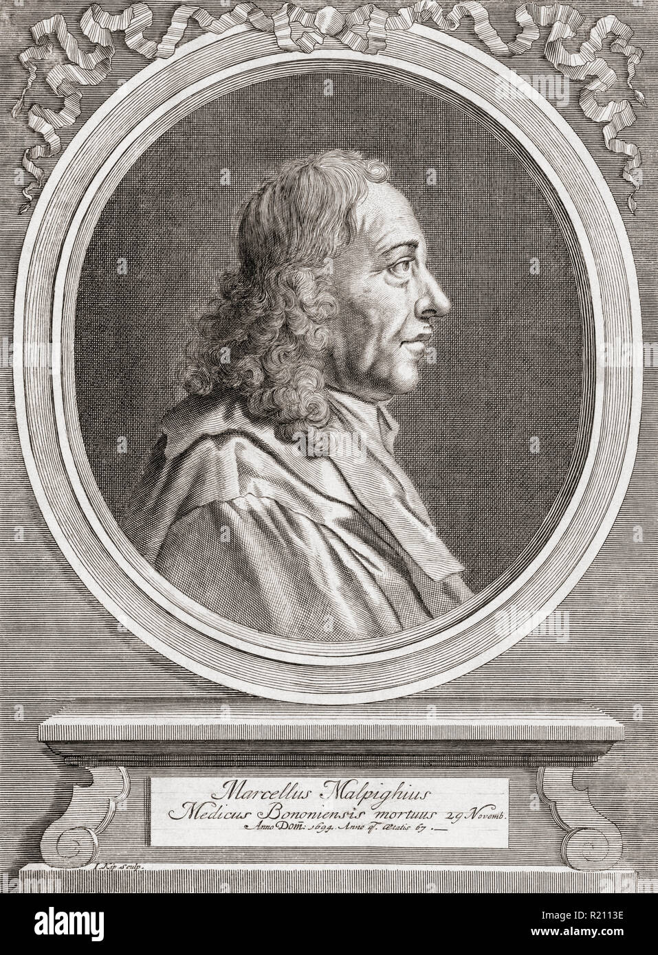 Marcello Malpighi, 1628 - 1694. Biologiste et médecin italien. Considéré comme le "père de l'anatomie microscopique, de l'histologie, la physiologie et l'embryologie". Banque D'Images