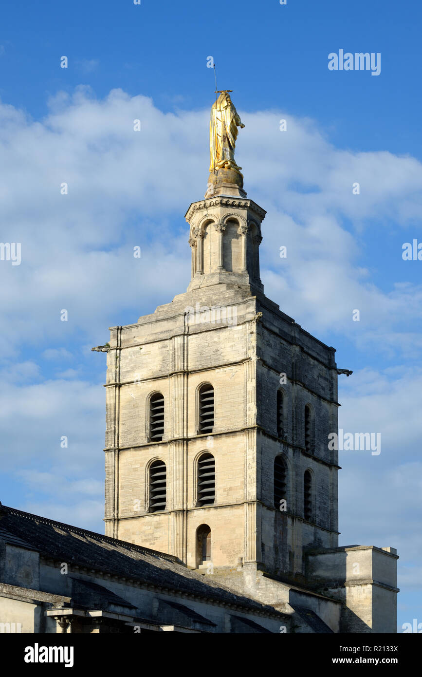 Clocher de l'église Notre-Dame des Doms ou cathédrale (c12th), avec statue dorée de la Vierge Marie, Avignon Vaucluse provence france Banque D'Images