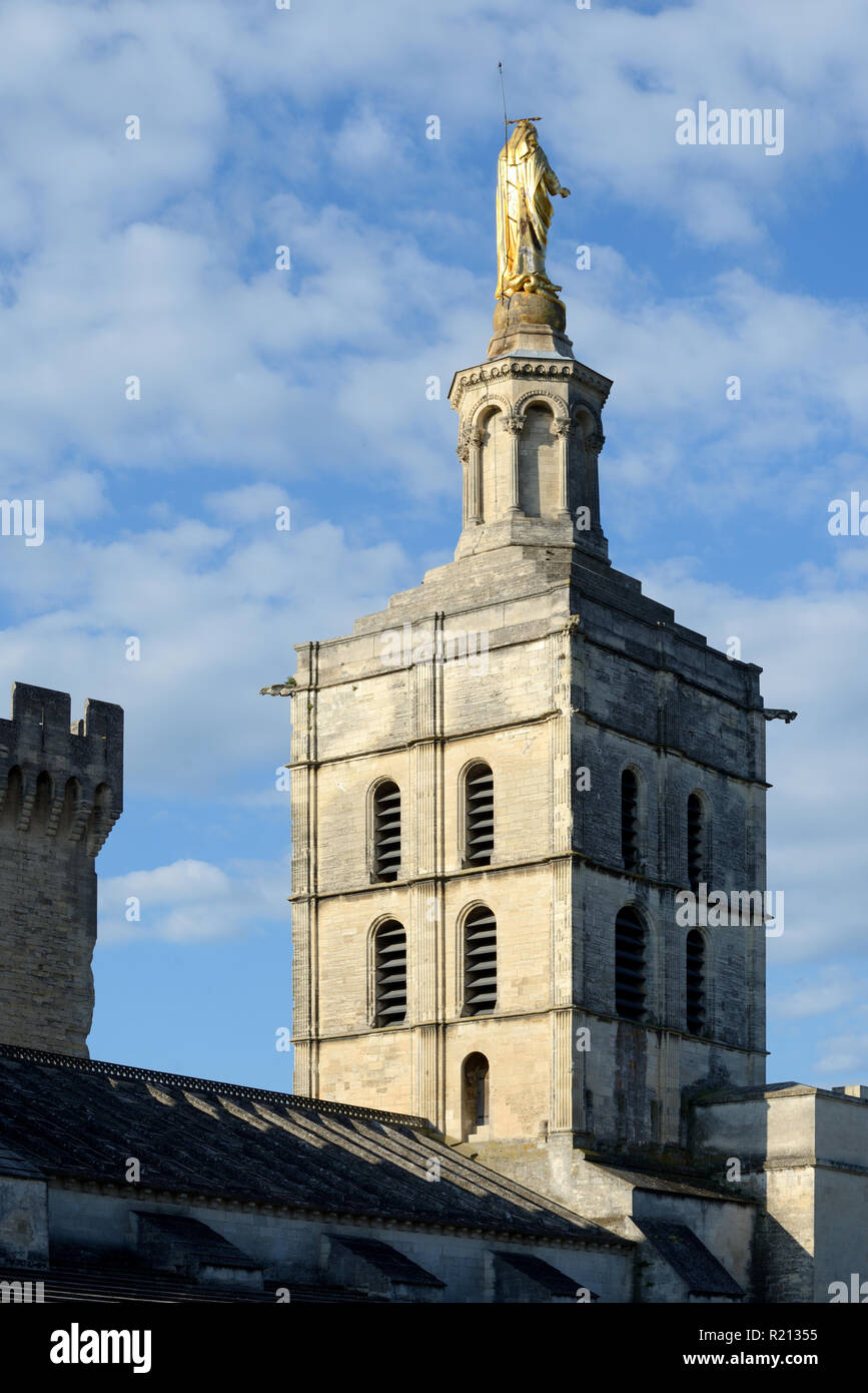 Clocher de l'église Notre-Dame des Doms ou cathédrale (c12th), avec statue dorée de la Vierge Marie, Avignon Vaucluse provence france Banque D'Images