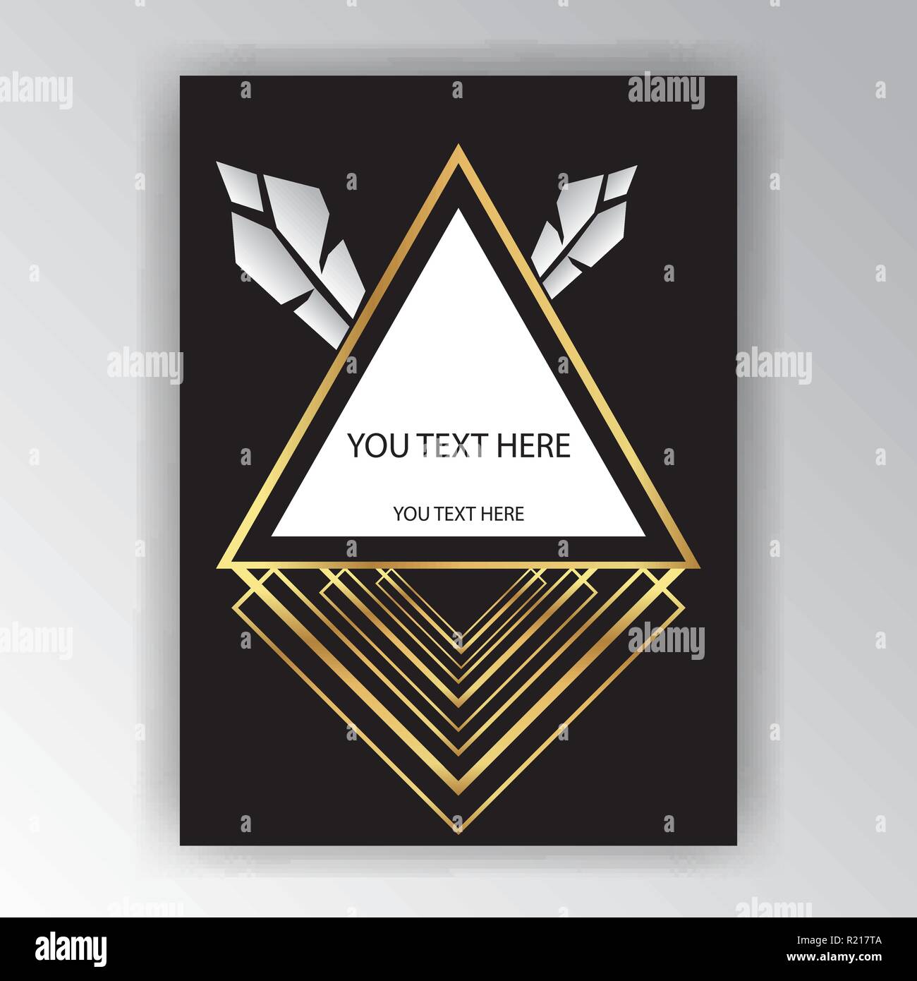 Native American retro Art déco historique pour l'impression et web design flyer, carte d'invitation, parti d'or et noir géométrique triangle blanc avec feathe Illustration de Vecteur