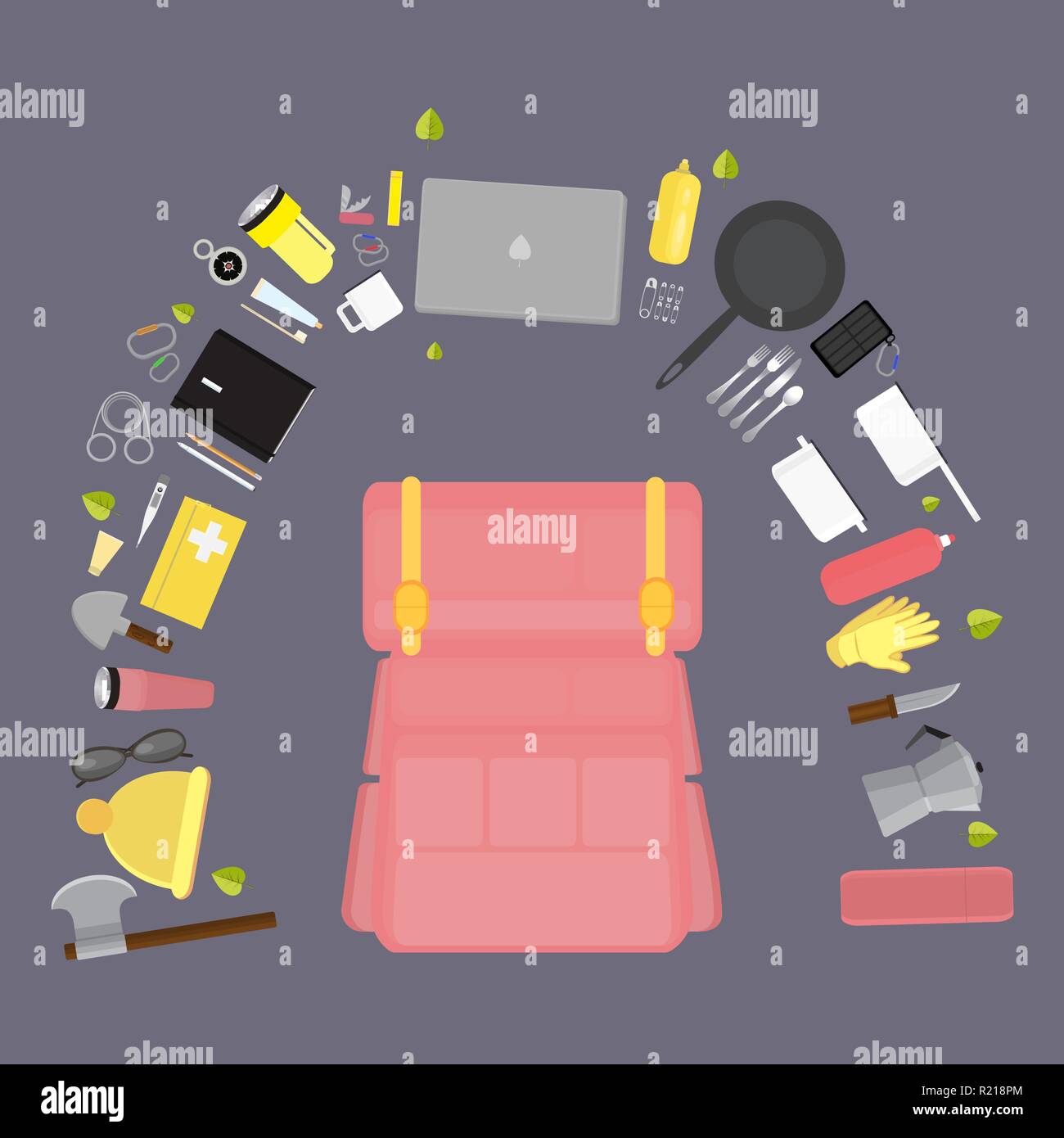 Des fournitures de camping , ensemble de camping stuff vector illustration , web et print vector télévision illutration surviaval avec chapeau, gants set couteau et beaucoup de m Illustration de Vecteur