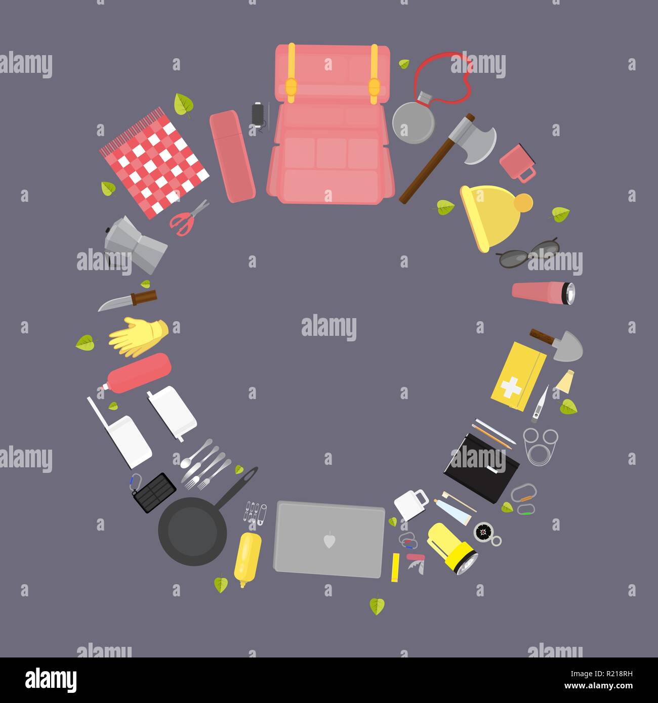 Des fournitures de camping , ensemble de camping stuff vector illustration , web et print vector télévision illutration surviaval avec chapeau, gants set couteau et beaucoup de m Illustration de Vecteur