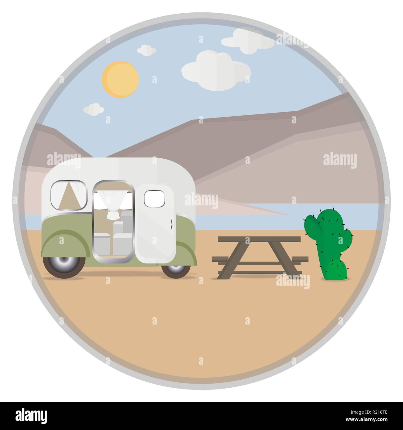 Camping en plein air journée Cartoon illustration paysage désertique avec des collines et de l'eau pour les vacances d'été carovan web et print Illustration de Vecteur