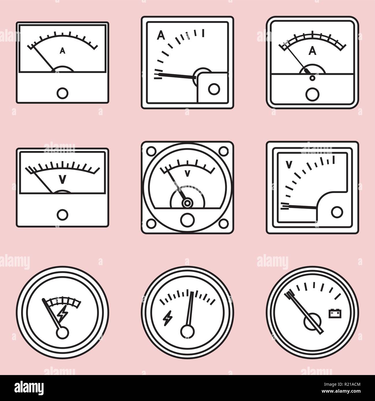 Ensemble d'icônes de l'ampèremètre et du voltmètre. Instrument de mesure. Fine ligne vectorielle Illustration de Vecteur