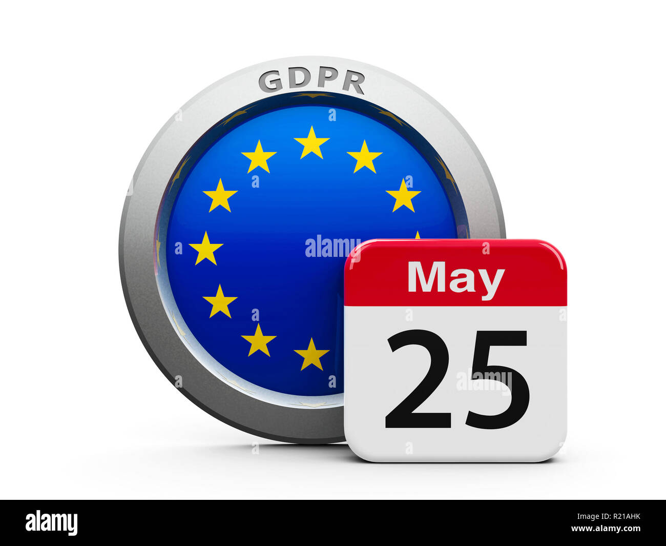 L'emblème de l'Union européenne avec bouton calendrier - la vingt cinquième Mai - représente la date de mise en Œuvre 2018 de la protection des données générales PIBR - Re Banque D'Images