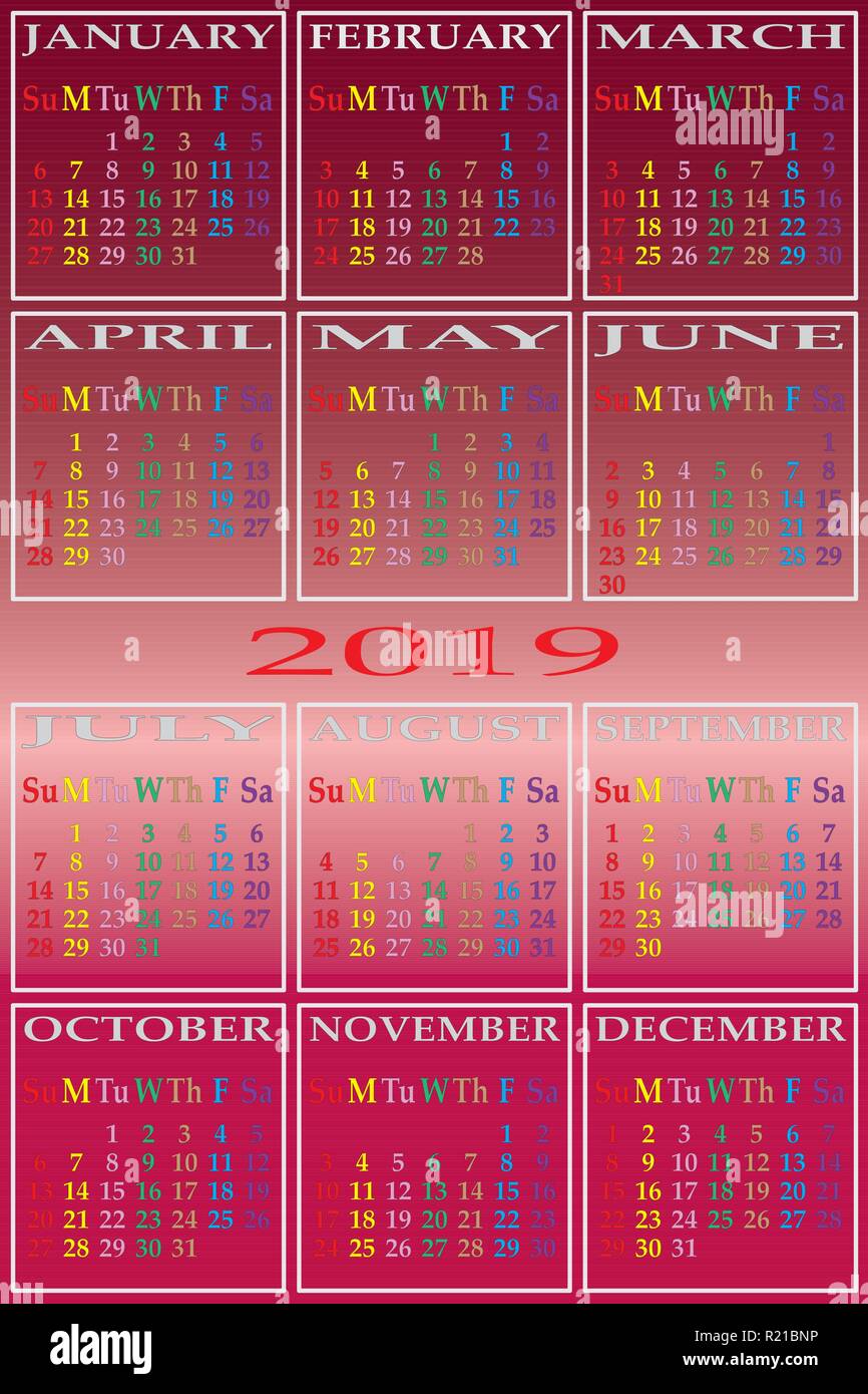 Calendrier 2019 séparés sur fond blanc avec des couleurs spécifiques pour chaque jour de la semaine sur la couleur de l'année Illustration de Vecteur