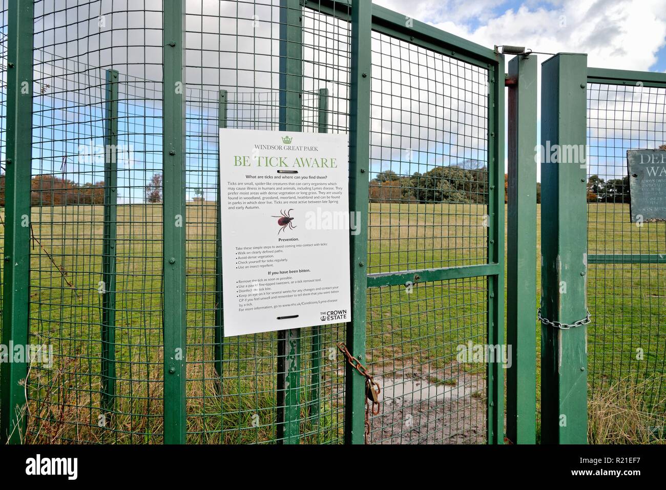 L'avis sur une porte de la région de Windsor Great Park avertissement sur les dangers de tiques, Berkshire England UK Banque D'Images