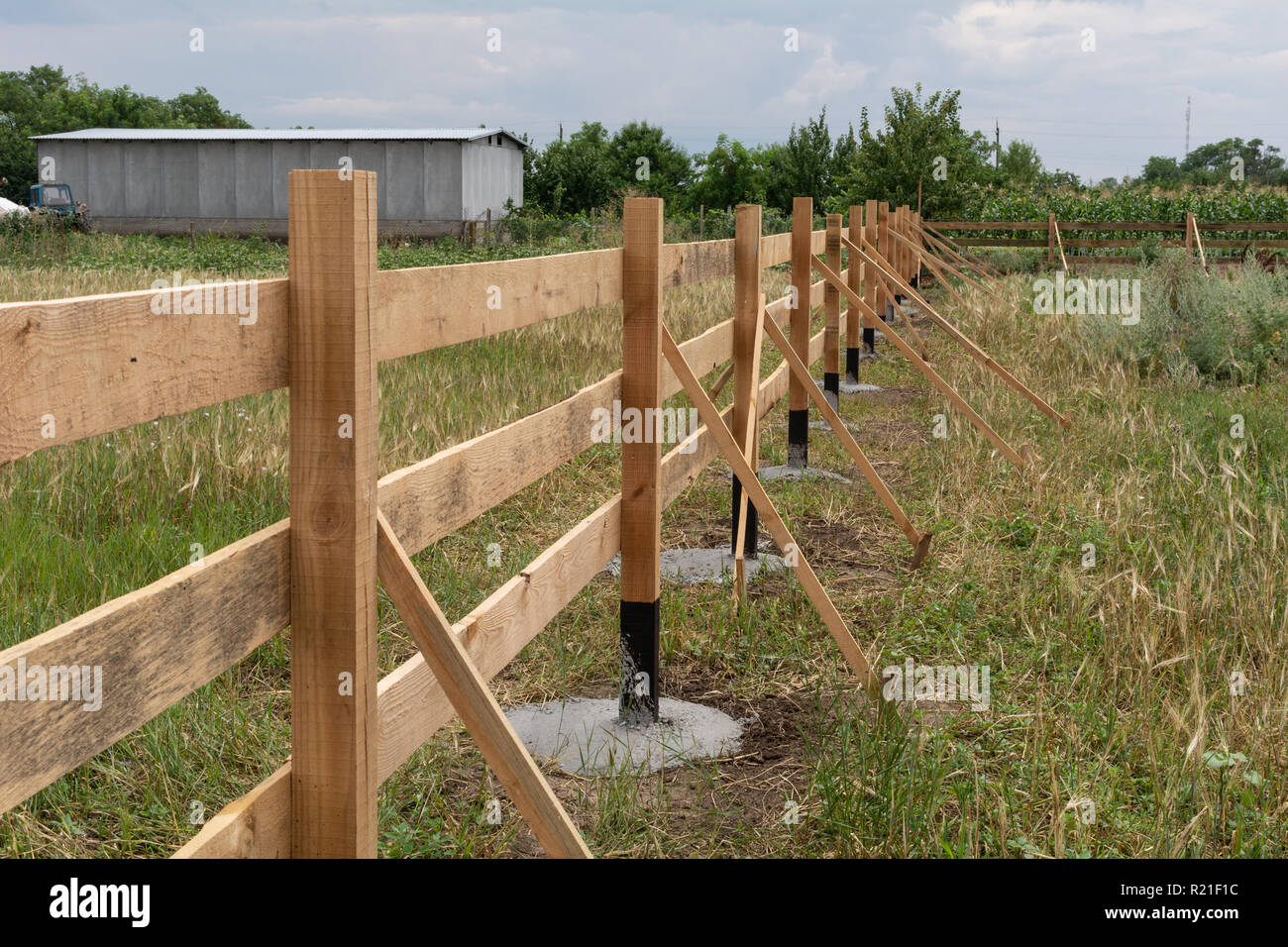 Clôture de style ranch. Clôture en bois en milieu rural sur l'herbe verte au niveau de l'exploitation des terres du ranch dans Shagany, Ukraina. Banque D'Images