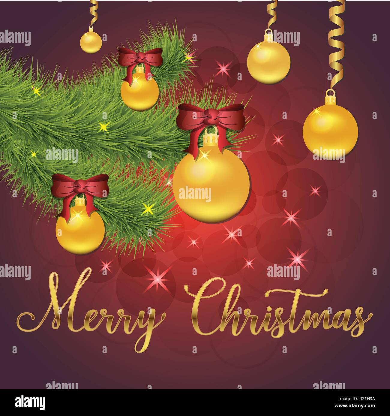 Vector illustration brillante des étoiles et scintille sur fond rouge, avec des décorations de Noël, des balles, de la direction générale de l'épinette, lettrage main merry christma Illustration de Vecteur