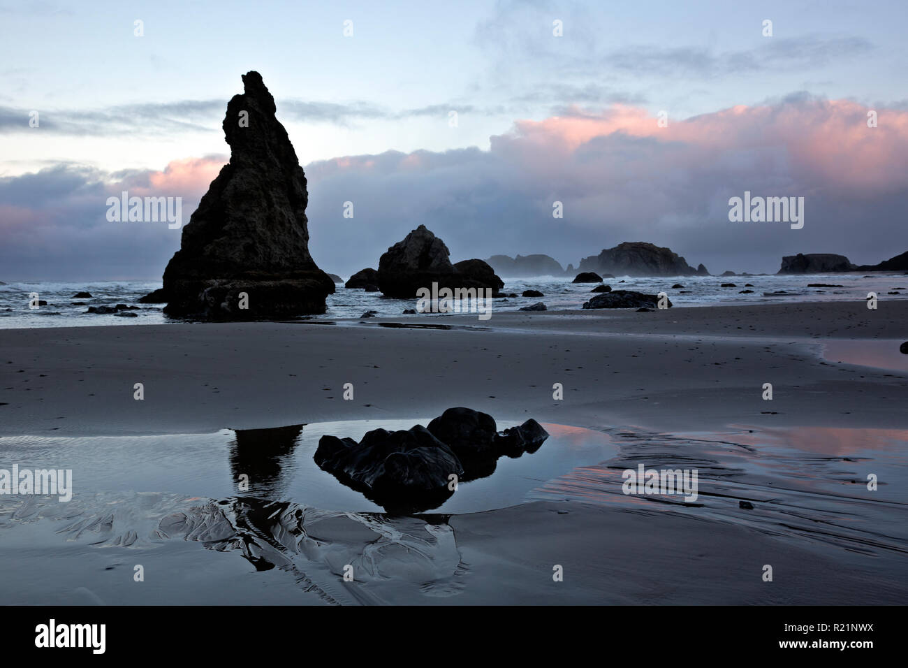 Ou02399-00...OREGON - La chaude lumière du soleil reflétant sur le sable humide et les ruisseaux qui se trouve le long de la plage à Bandon, situé sur la côte de l'Oregon. Banque D'Images