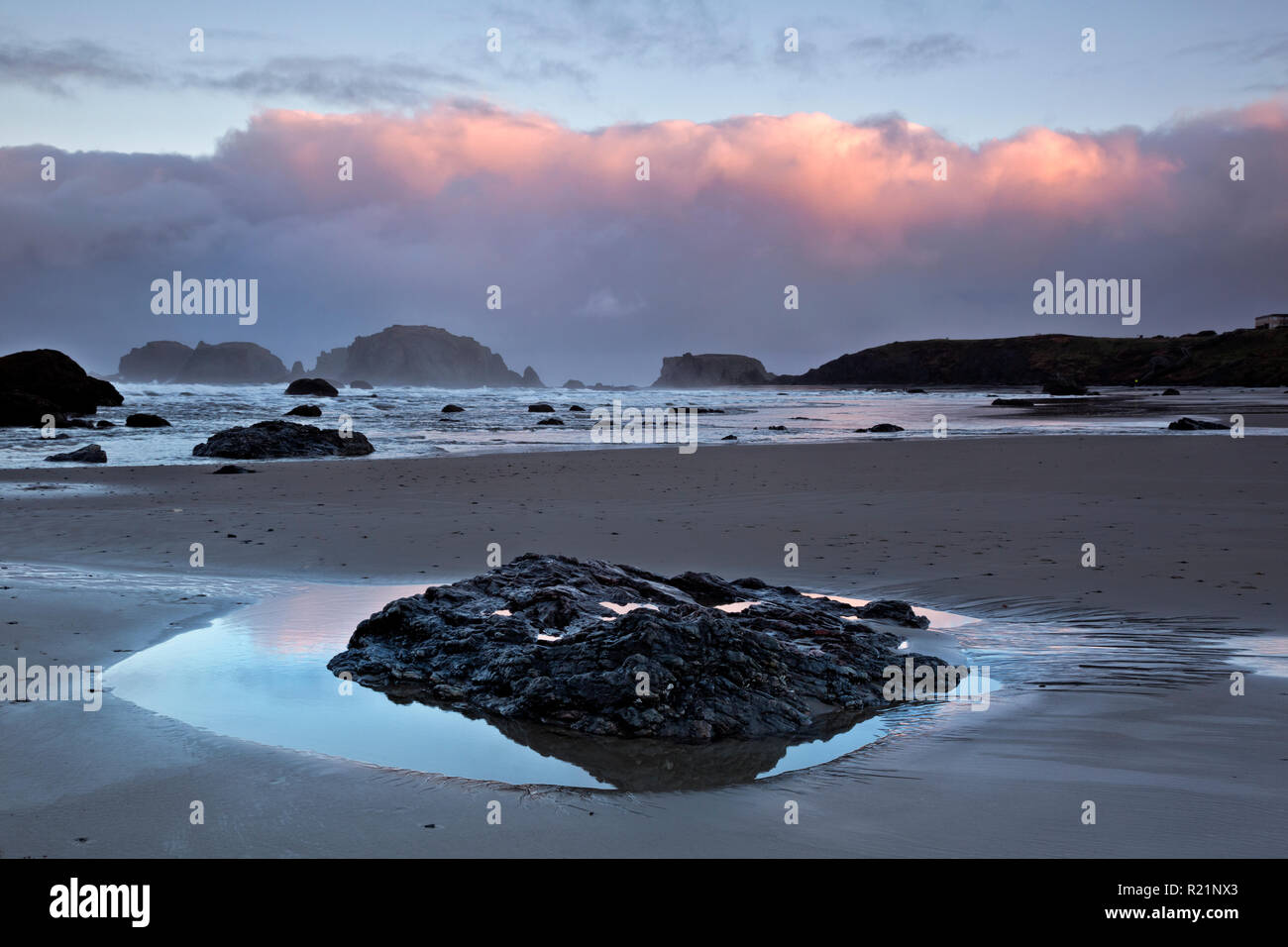 Ou02400-00...OREGON - La chaude lumière du soleil reflétant sur le sable humide et les ruisseaux qui se trouve le long de la plage à Bandon, situé sur la côte de l'Oregon. Banque D'Images