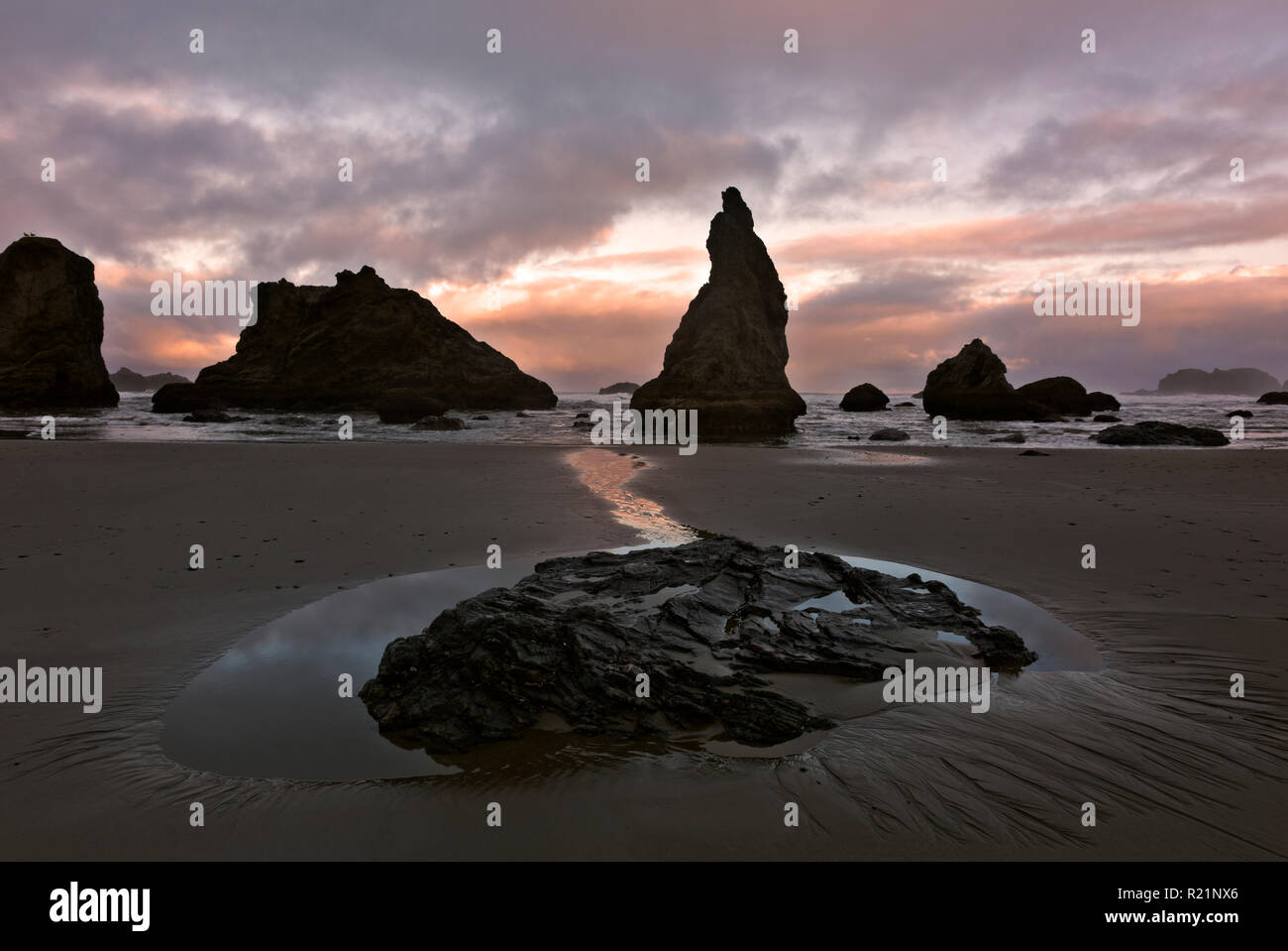 Ou02402-00...OREGON - La chaude lumière du soleil reflétant sur le sable humide et les ruisseaux qui se trouve le long de la plage à Bandon, situé sur la côte de l'Oregon. Banque D'Images