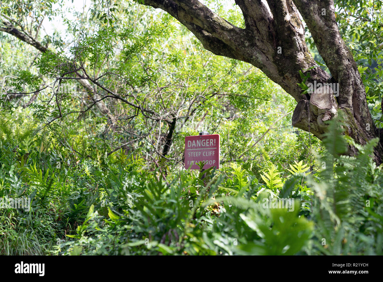 Le Signe de danger Attention randonneurs sur le sentier (Parc National de Haleakala) à Maui, Hawaii Banque D'Images