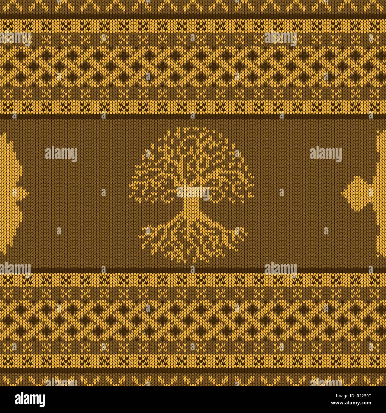 En d'or celtique sans ornement national avec l'arbre du monde et Raven Illustration de Vecteur