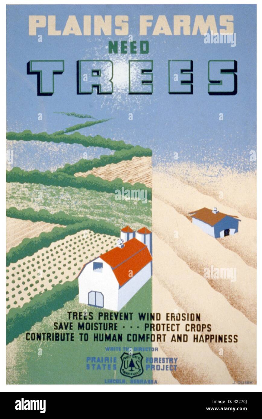 Les fermes des plaines besoin d'arbres arbres prévenir l'érosion du vent, l'humidité enregistrer ... protéger les cultures, contribuer à confort humain et le bonheur. poster par Joseph Dusek. L'Art de l'affiche du projet fédéral à encourager la plantation d'arbres comme une méthode de conservation des sols. 1938 Banque D'Images