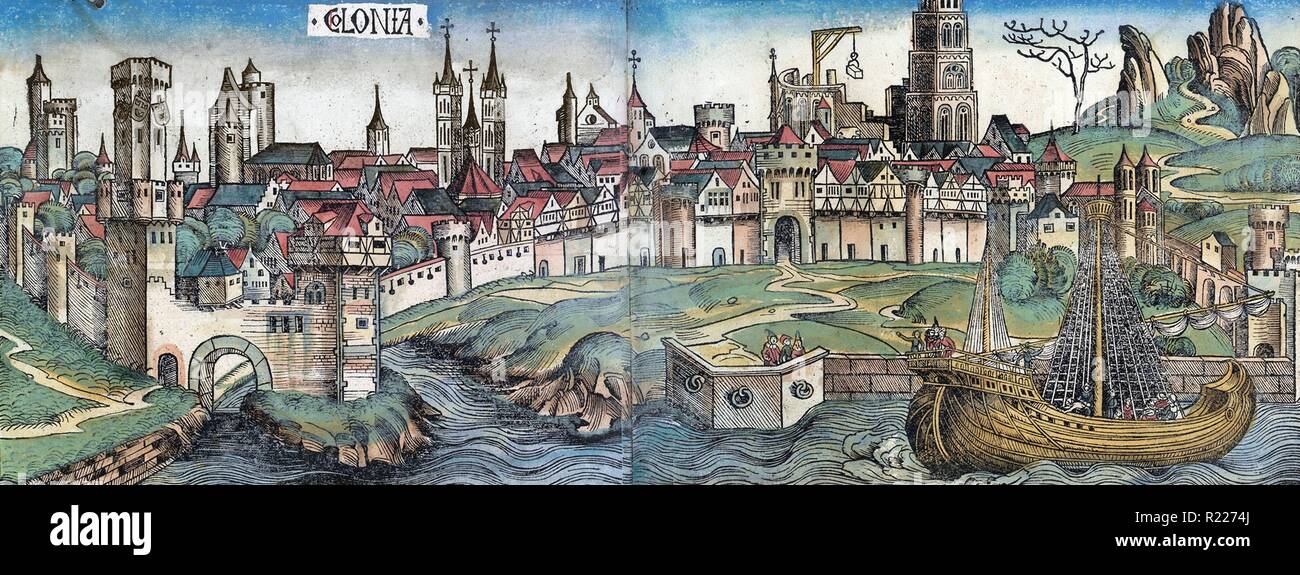 Illustration de la Chronique de Nuremberg illustrant Cologne, Allemagne. Les Chroniques de Nuremberg est une paraphrase biblique et l'histoire du monde qui suit l'histoire des droits de l'histoire liée à la Bible. En date du 15e siècle Banque D'Images