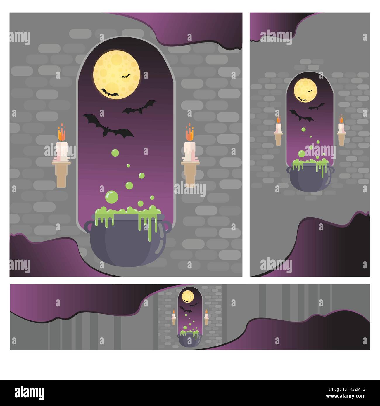 Set créatif de fenêtre médiévale dans le château. Happy helloween bannières, vector illustration avec des bougies et la pleine lune, les chauves-souris et de pot. Ni l'automne Illustration de Vecteur