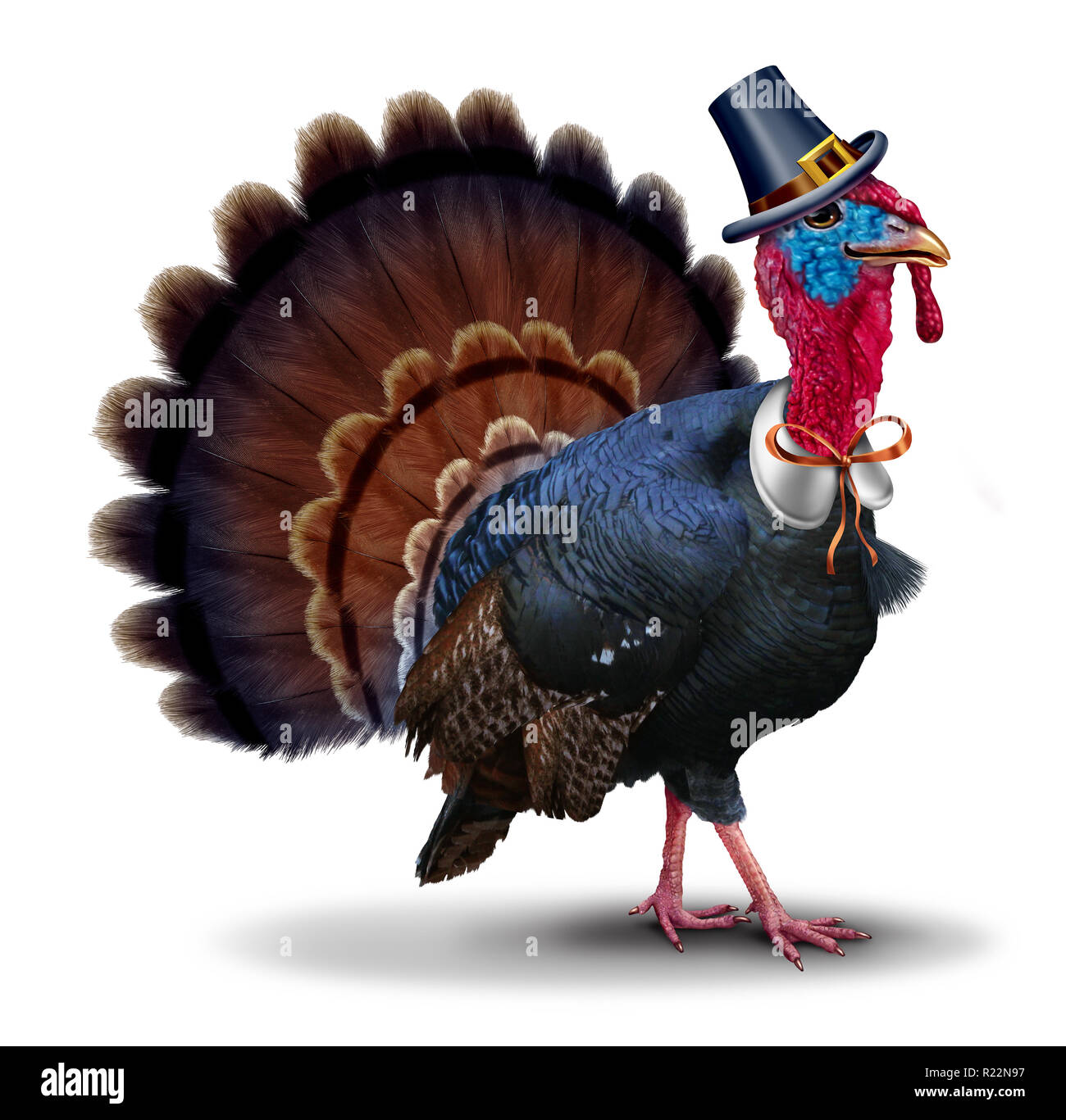 Caractère dinde de Thanksgiving portant un costume de pèlerin de saison automne comme un oiseau rigolo icône sur un fond blanc avec des éléments 3D illustration. Banque D'Images