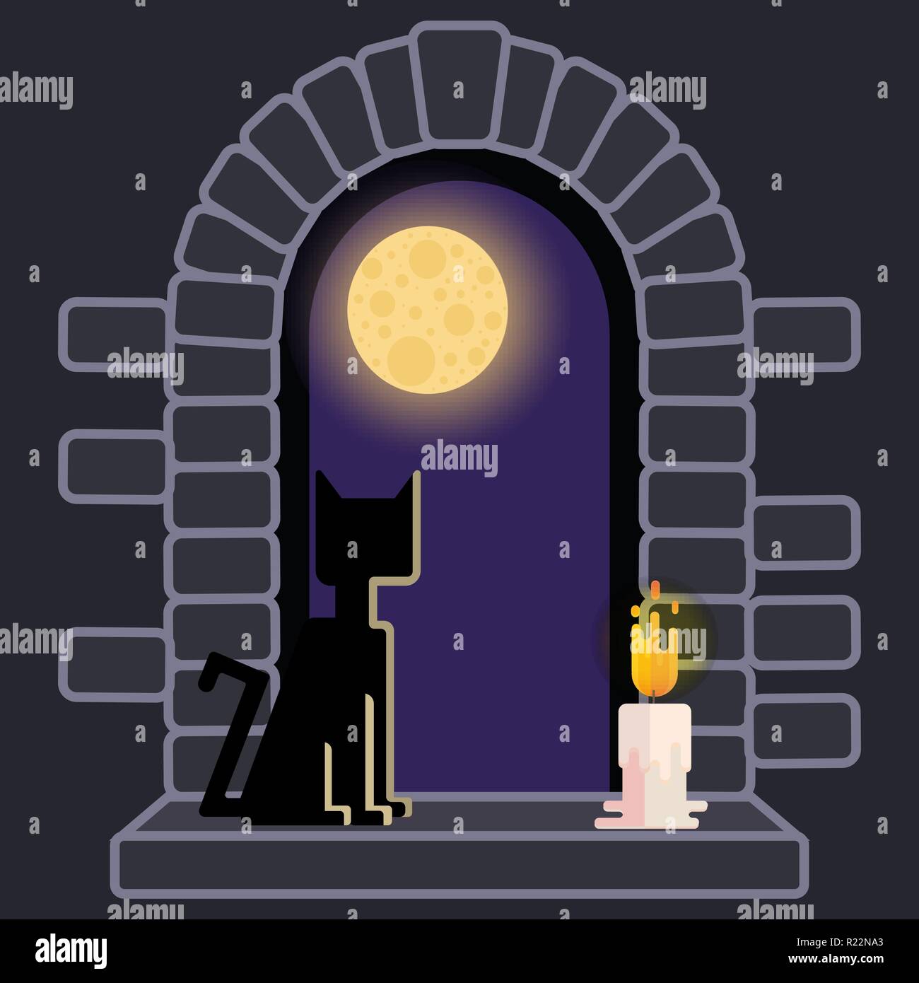 Château fenêtre avec chat noir et bougie , Paysage , nuit pleine lune horreur helloween contexte . L'ancienne rétro desing jeux pour le web et print Illustration de Vecteur