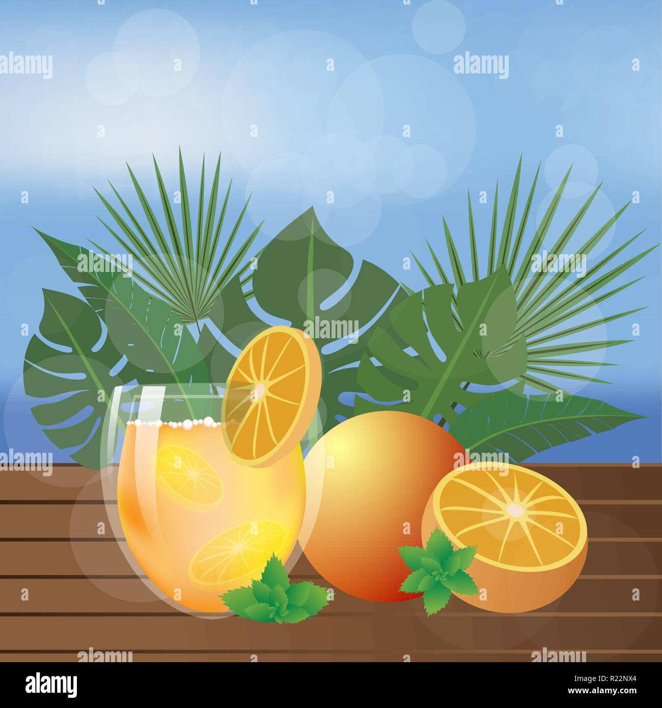 Plage d'été thé ou jus sur table en bois avec des feuilles de palmiers et de la mer . Illustration de Vecteur