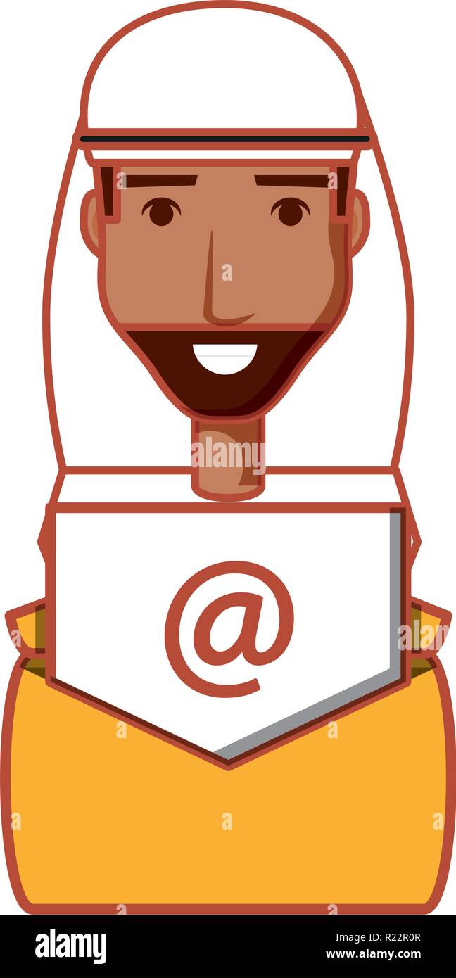 homme arabe et enveloppe mail avec illustration vectorielle du symbole arroba conception Illustration de Vecteur