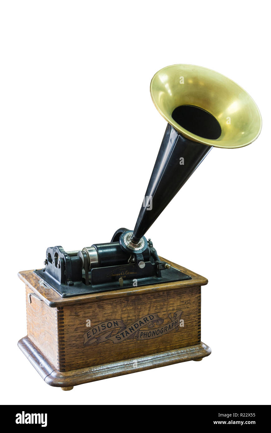 Phonographe de Thomas Edison début du xxe siècle sur un fond blanc, USA. Banque D'Images