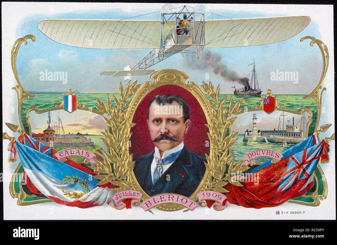 LOUIS BLÉRIOT (1872-1936), aviateur français. Carte postale commémorant son vol 1909 sur la Manche Banque D'Images