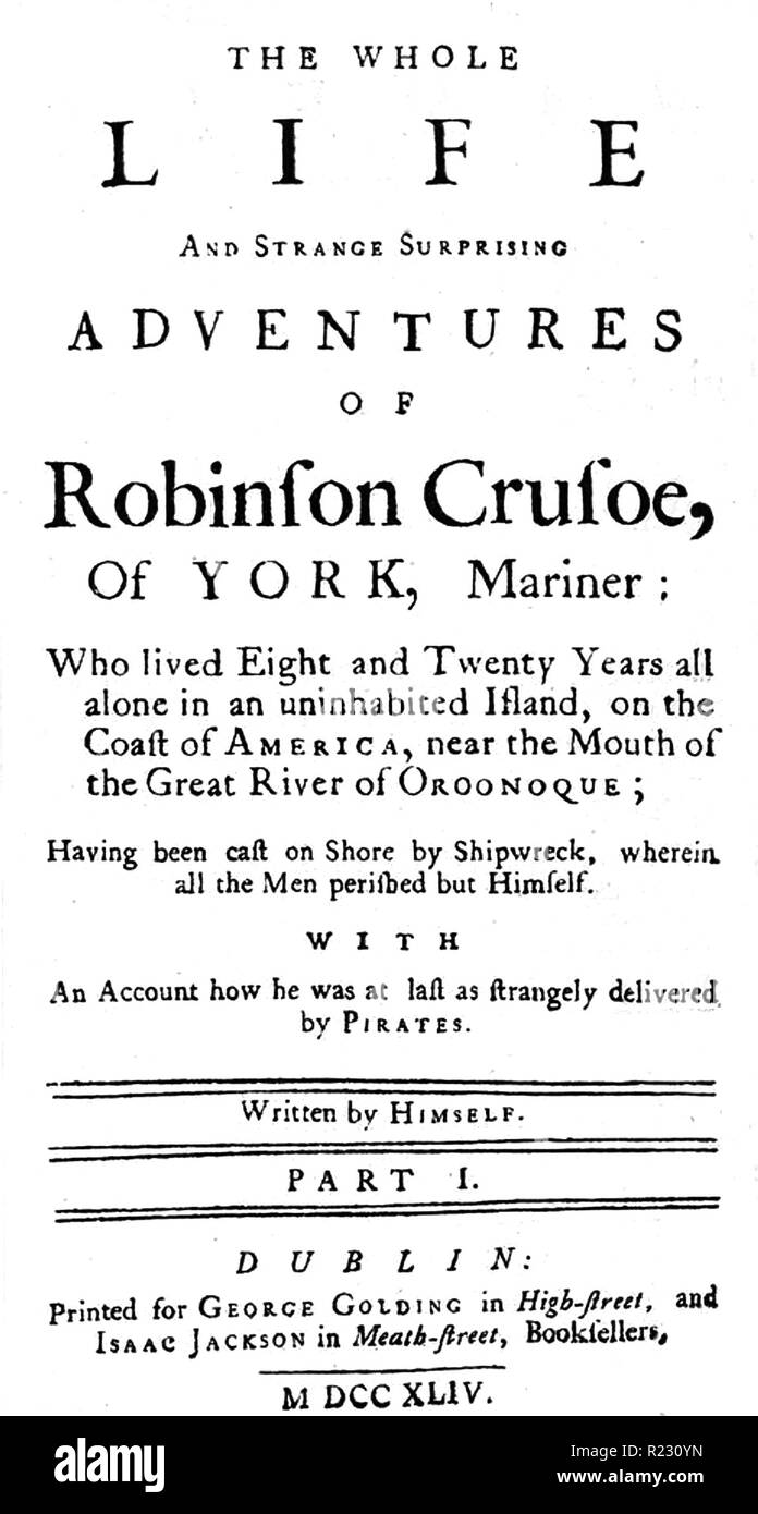 Tuile de Robinson Crusoé de Daniel Defoe's page roman dans une édition 1719 Banque D'Images