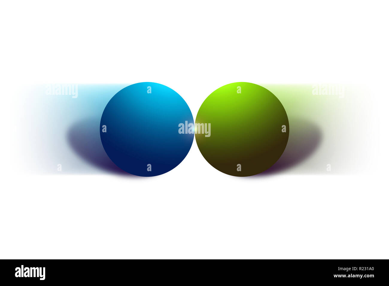 Deux boules se déplaçant et leur collision isolé sur fond blanc Banque D'Images