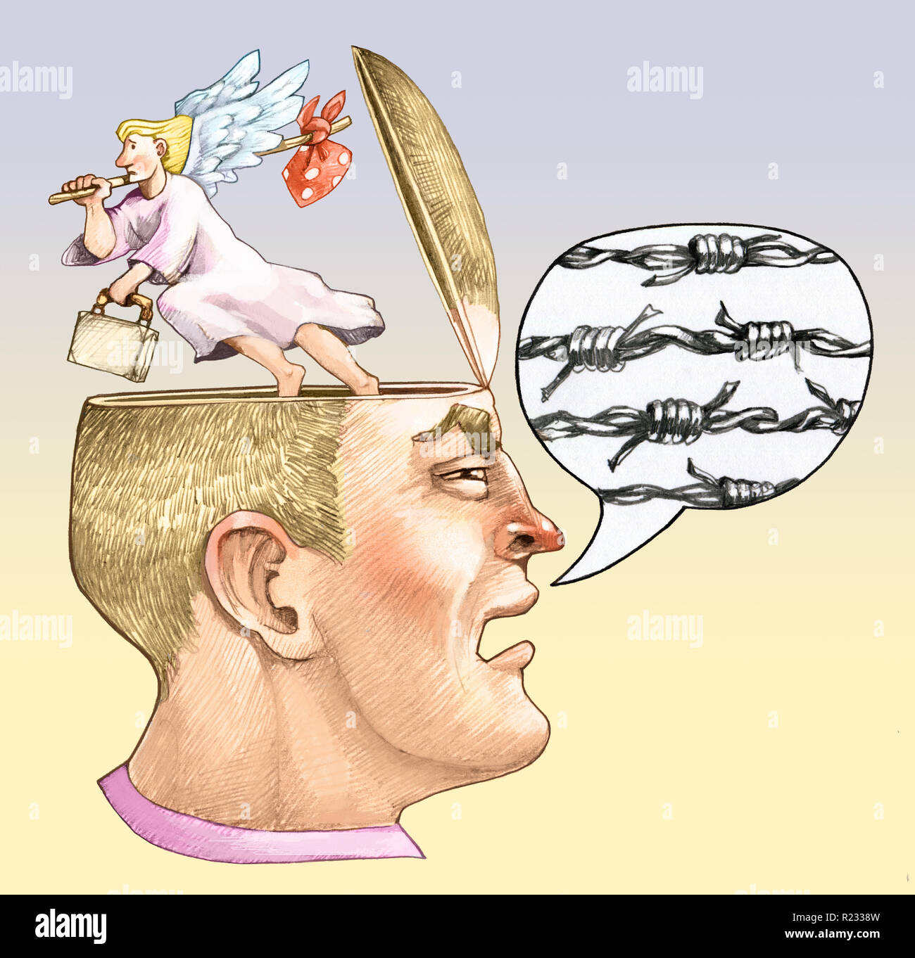 Une tête masculine en bande dessinée avec le profil de la tête de filetage désossée l'ange de la conscience s'échappe de l'allégorie politique Le racisme et la violence Banque D'Images