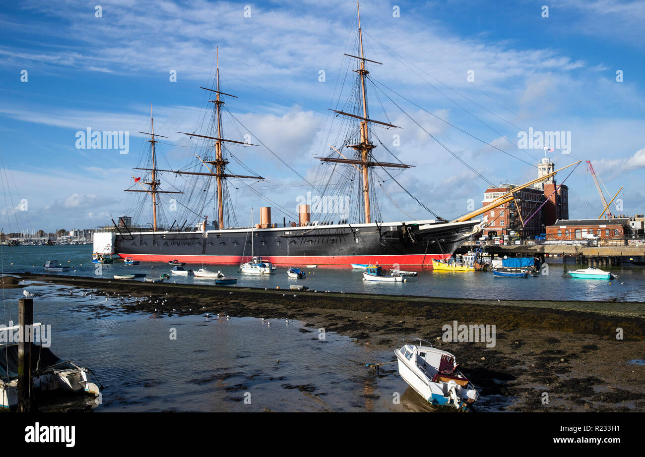 Le HMS Warrior, le premier navire de fer vêtu, à Portsmouth Harbour le 13 novembre 2018 Banque D'Images