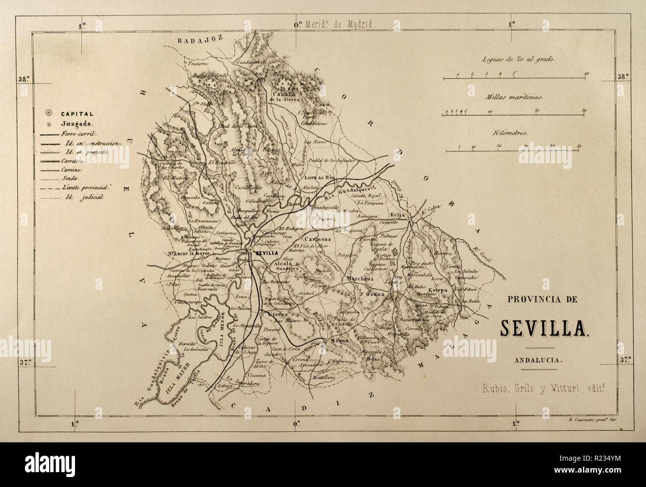 Mapa de la provincia de Sevilla. Crónica general de España, Historia Ilustrada Descriptiva y de sus Provincias. L'Andalousie, 1867. Biblioteca Histórico Militar de Barcelone, Catalogne, Espagne. Banque D'Images