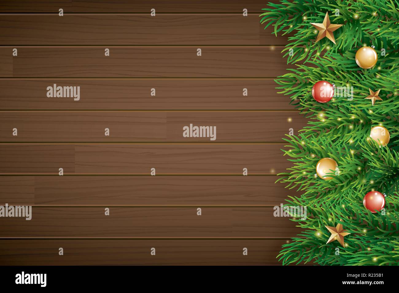 Noël avec des branches de sapin sur fond de bois brun. Vector illustration Vue de dessus et copiez l'espace pour le texte. Carte de vœux pour l'utilisation, des bannières web, couvrir. Illustration de Vecteur