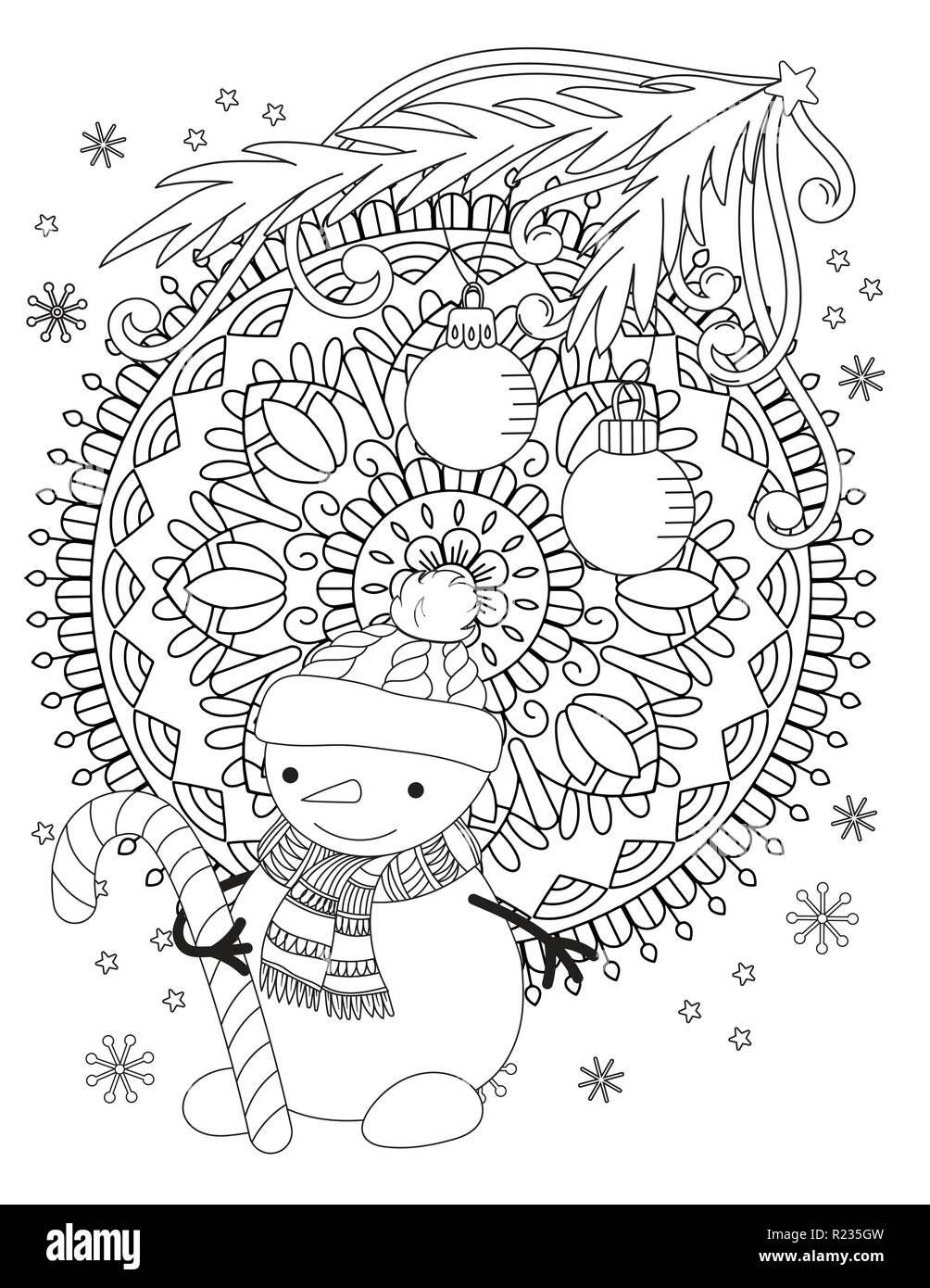 Coloriages de Noël. Livre de coloriage adultes. Cute snowman avec écharpe et chapeau tricoté. Hand drawn vector illustration. Illustration de Vecteur